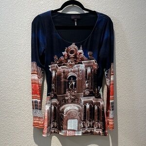 Hale Bob Black and Red Architectural Print Long Sleeve Top size medium